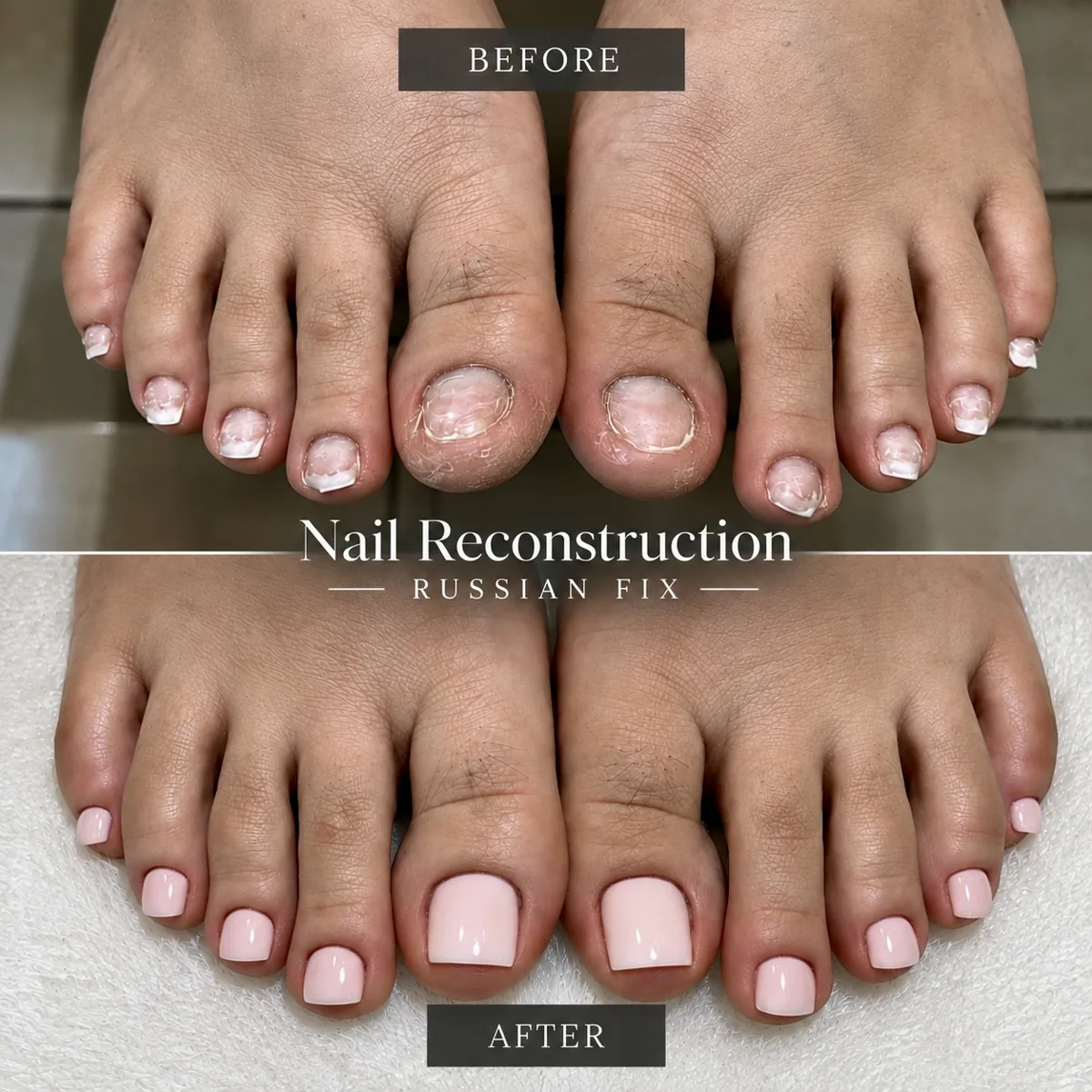 before and after nail reconstruction (Russian fix) on toenails at AyuriNails Beauty Lounge Makati